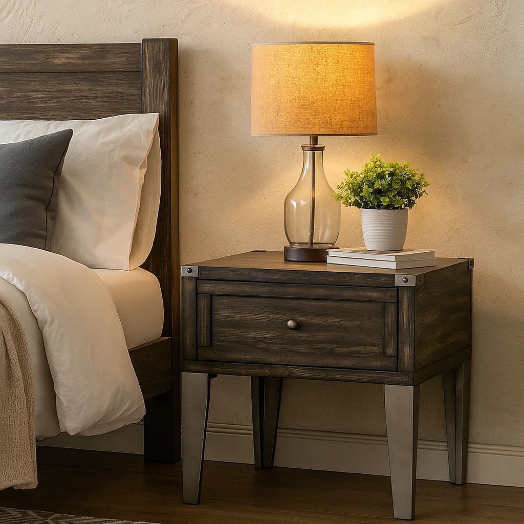 1 Drawer Wooden End Table with Metal Angled Legs, Brown - View 7