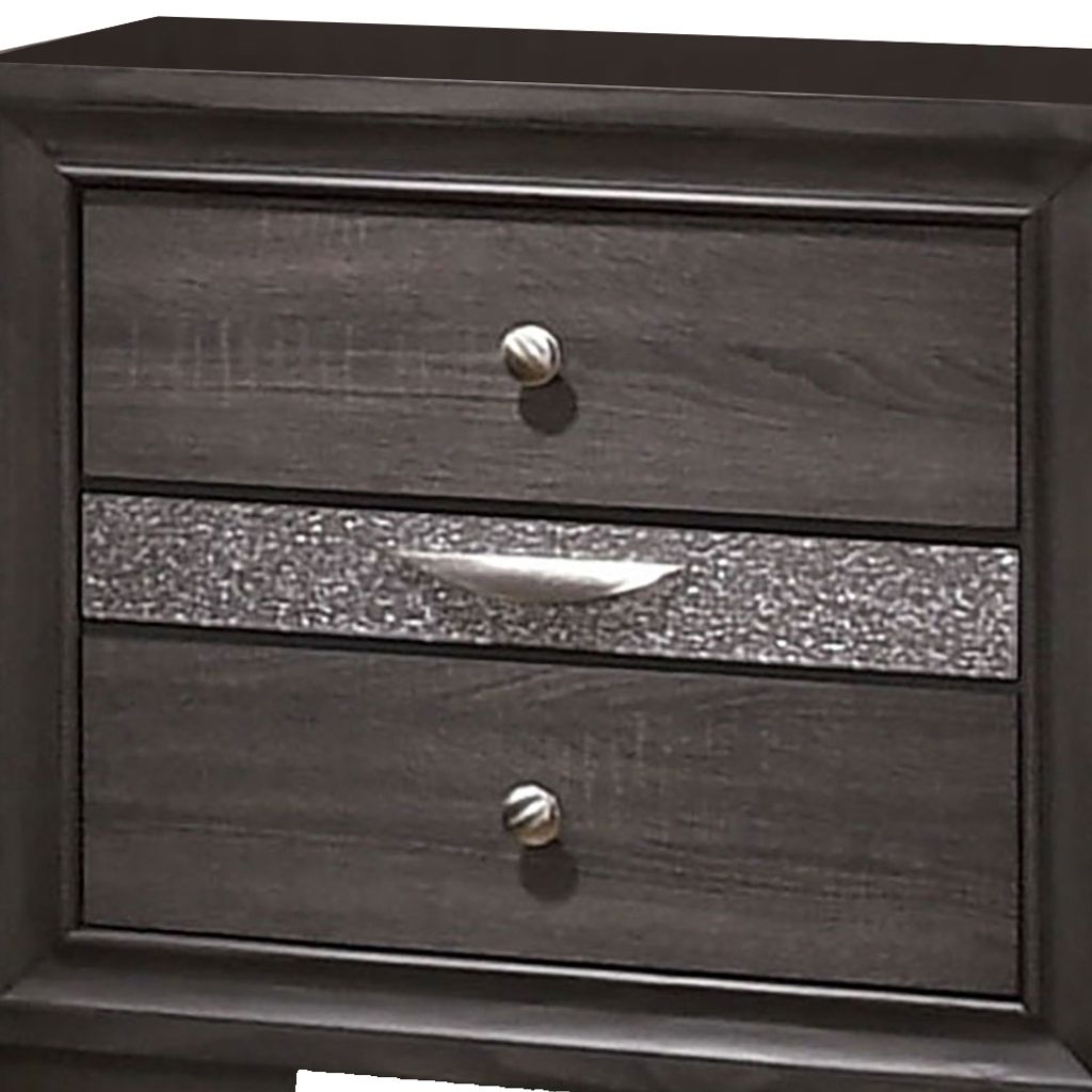 Wooden Nightstand with 2 Drawers and 1 Jewelry Drawer, Gray and Silver - View 2
