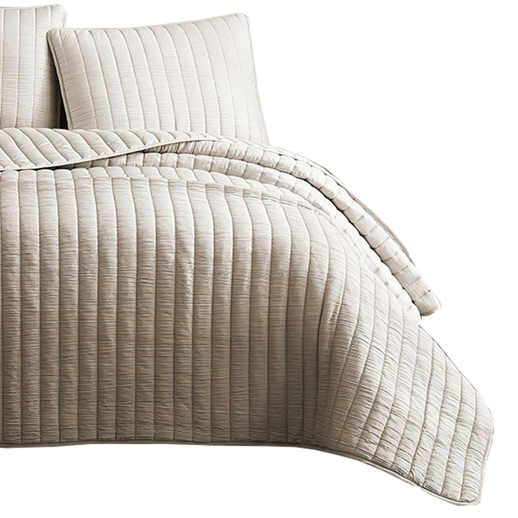 3 Piece Crinkles King Size Coverlet Set with Vertical Stitching, Brown - View 4
