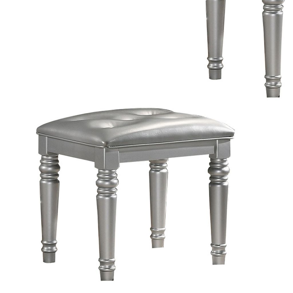 Kya 20 Inch Vanity Stool with Tufted Vegan Faux Leather Seat, Glam Silver - View 4
