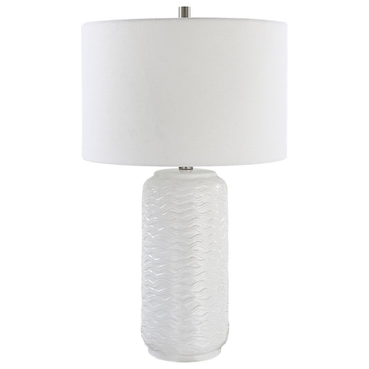 27 Inch Ceramic Table Lamp, Wavy Texture, Silver, White