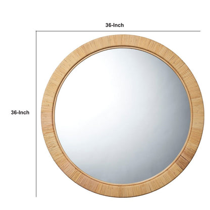 36 Inch Coastal Style Round Mirror, Hand Woven Rattan Frame, Glass, Brown - View 5