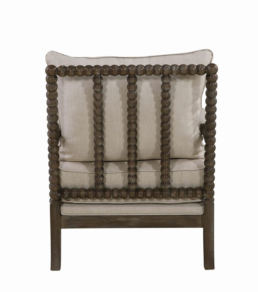 Cushioned Back Fabric Upholstered Spindle Accent Chair, Beige and Brown - View 4