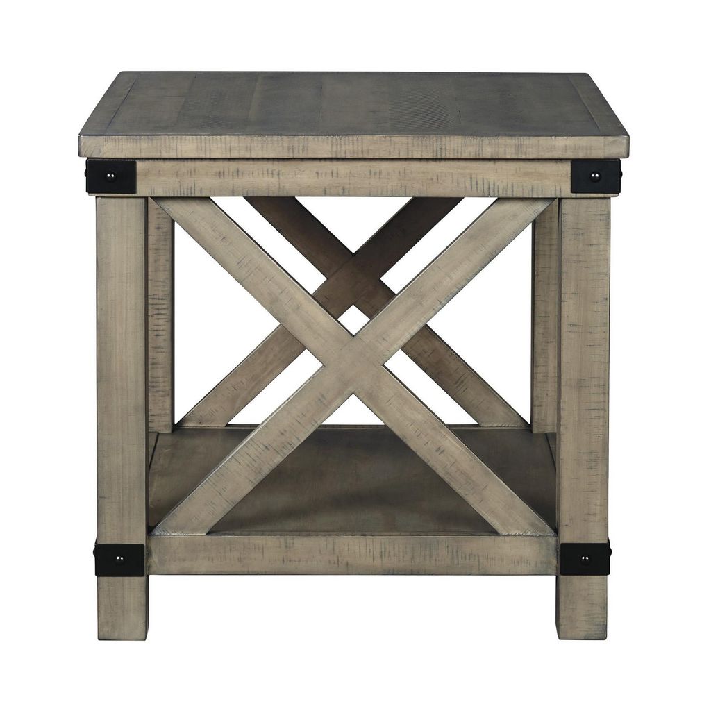 Farmhouse Style End Table with X Shaped Sides and Open Bottom Shelf, Gray - View 3