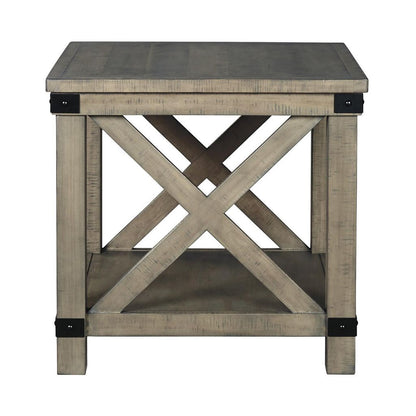 Farmhouse Style End Table with X Shaped Sides and Open Bottom Shelf, Gray - View 3