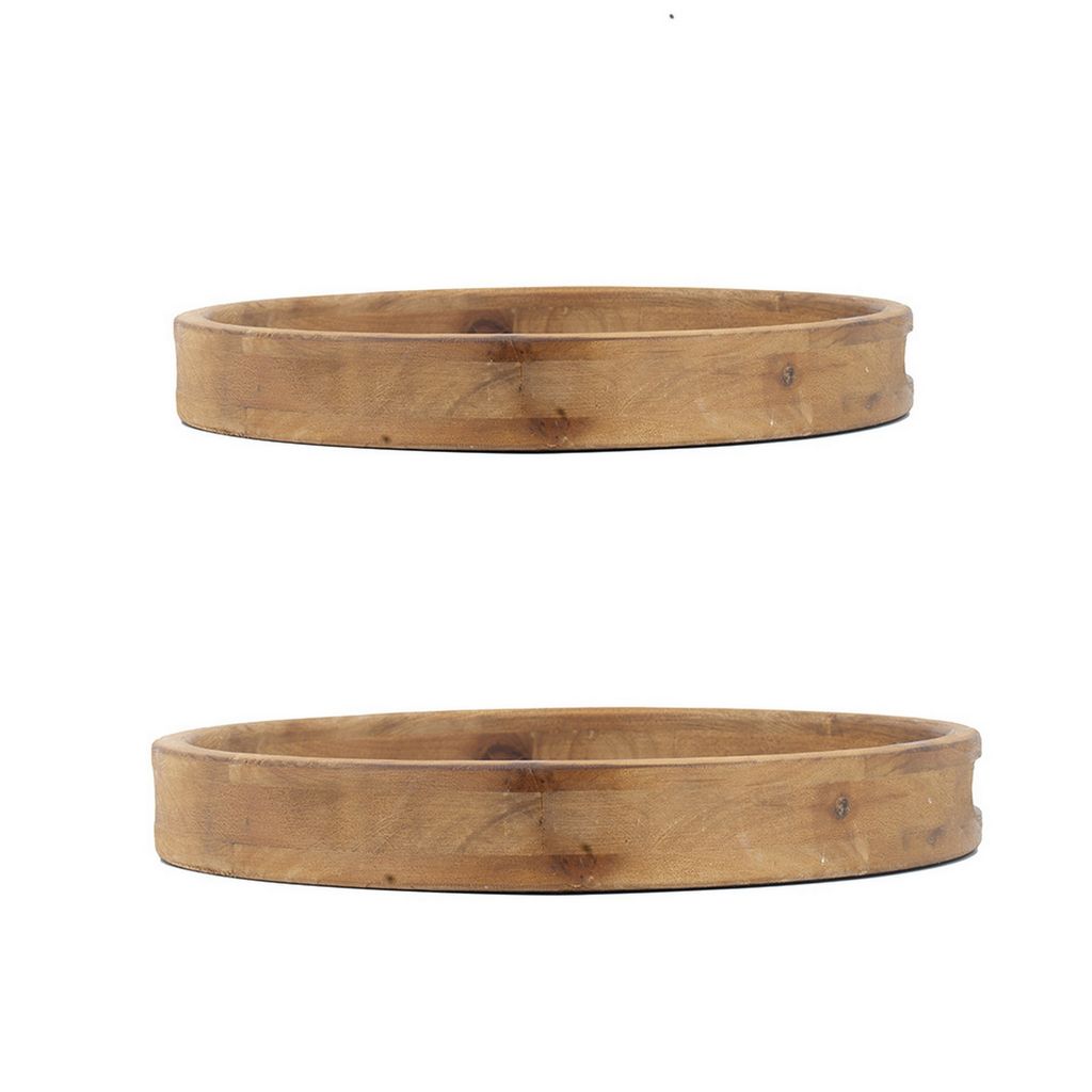 18, 15 Inch Round Decorative Tray, Marble Effect, Brown Fir Wood Frame - View 3