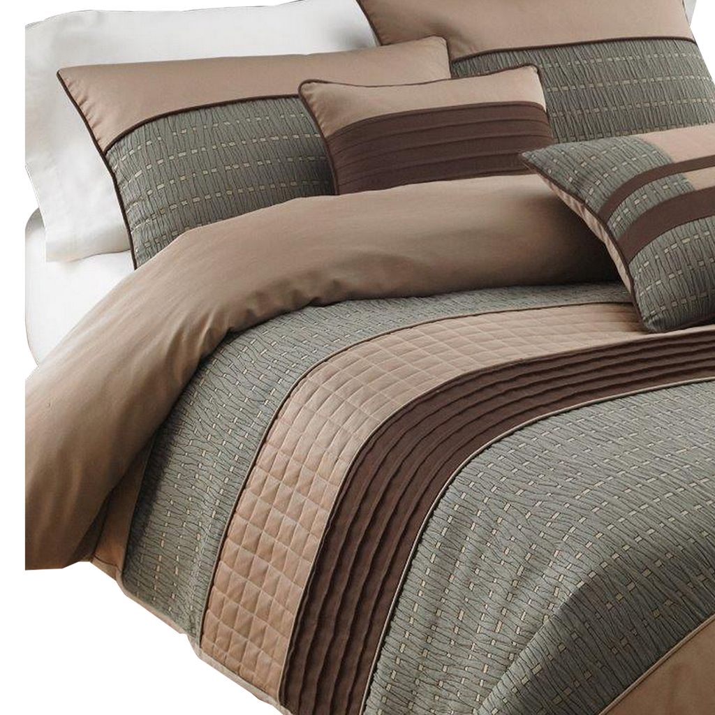 7 Piece King Polyester Comforter Set with Pleats and Texture, Gray and Brown - View 2