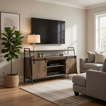 TV Stand with 2 Sliding Barn Doors and Tubular Frame, Oak Brown - View 7