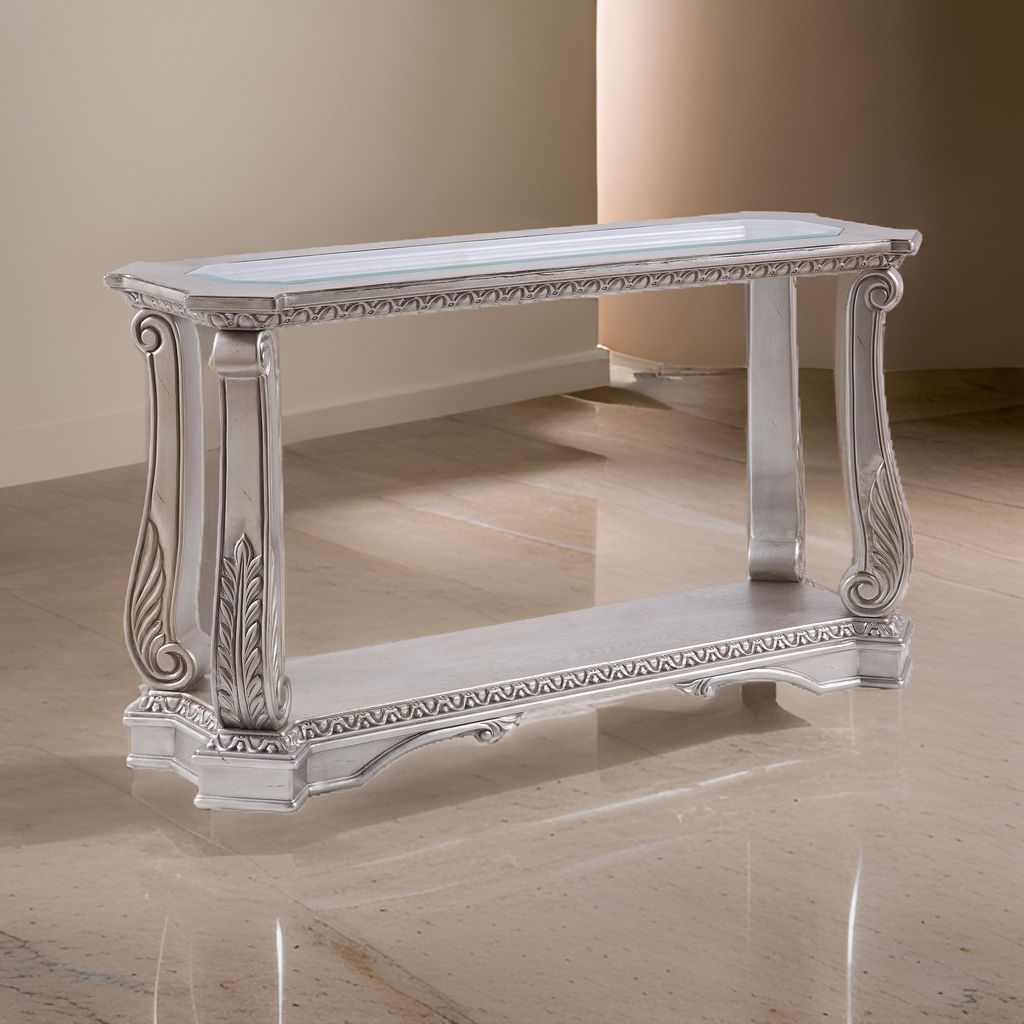 Antique Sofa Table with Polyresin Engravings and Clear Glass Top, Silver and Clear - View 7