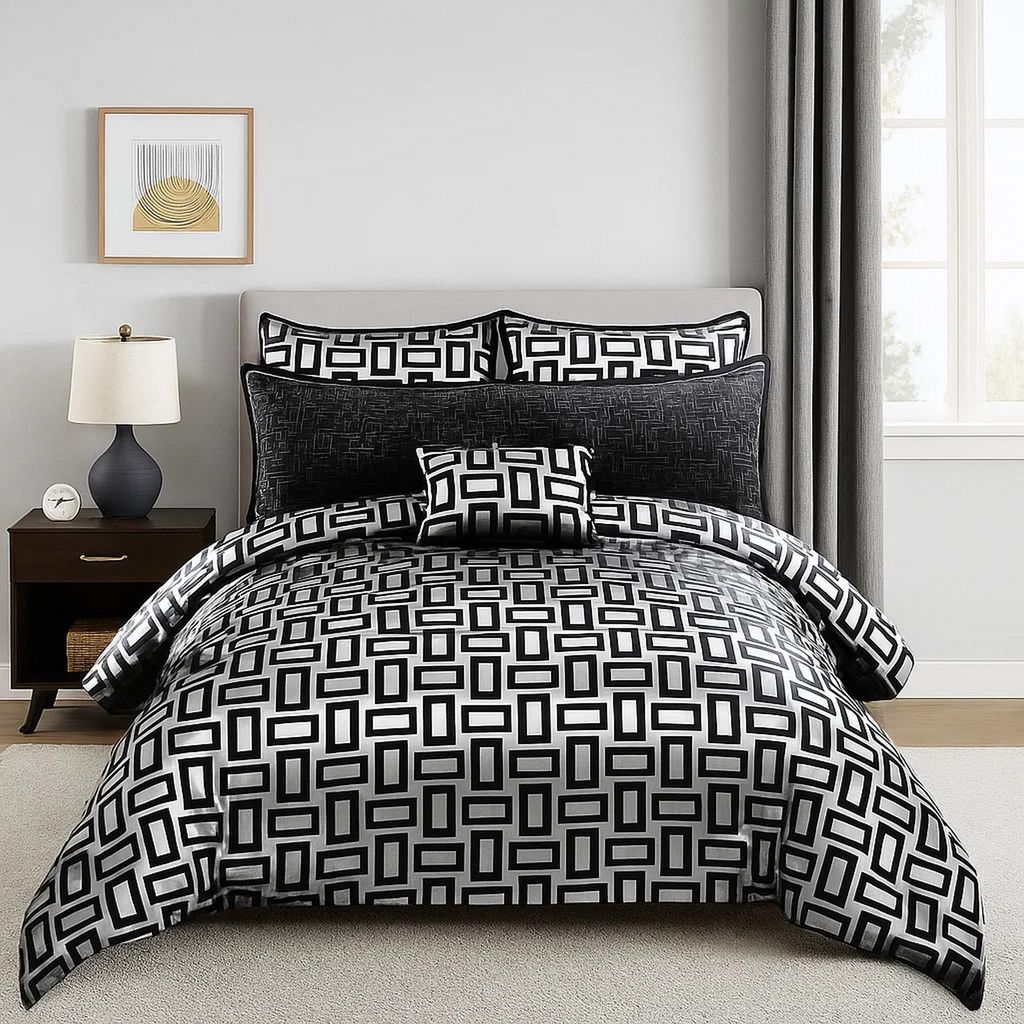 6 Piece Polyester Queen Comforter Set with Geometric Print, Gray and Black - View 6