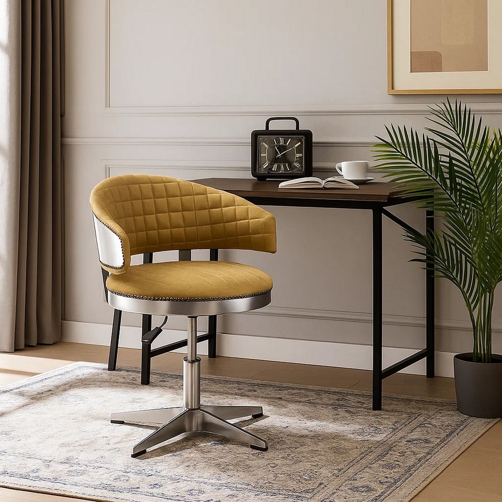 Swivel Leatherette Chair with Curved Back and Metal Star Base, Yellow - View 7