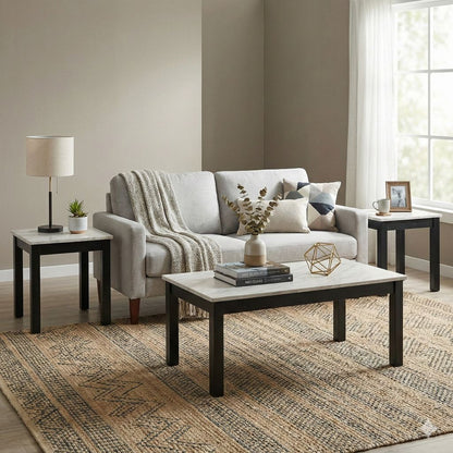 3 Piece Coffee Table and End Table with Faux Marble Top, Black and White - View 7