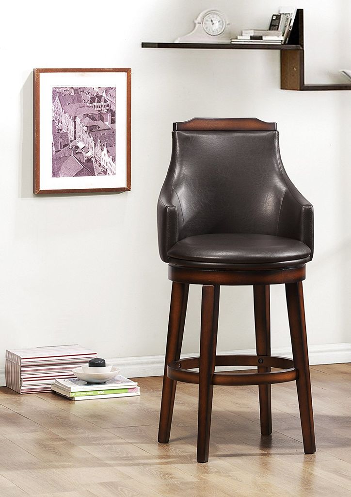 Bar Height Chair, Set of 2, Dark Brown Faux Leather, Wood Legs - View 2