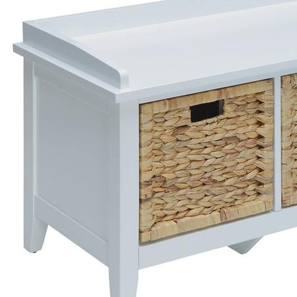 Rectangular Wooden Bench with Storage Basket, White - View 3
