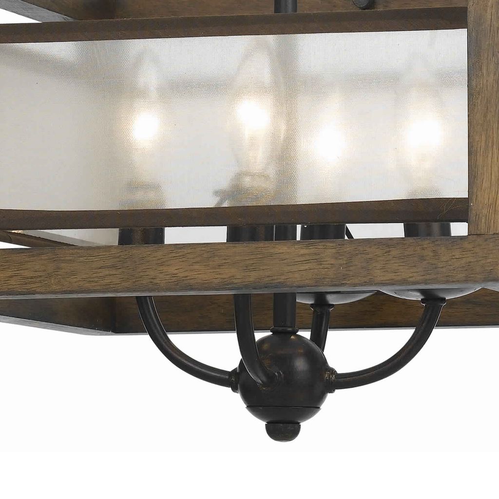 4 Bulb Semi Flush Pendant with Wooden Frame and Organza Striped Shade,Brown - View 2