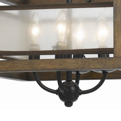 4 Bulb Semi Flush Pendant with Wooden Frame and Organza Striped Shade,Brown - View 2
