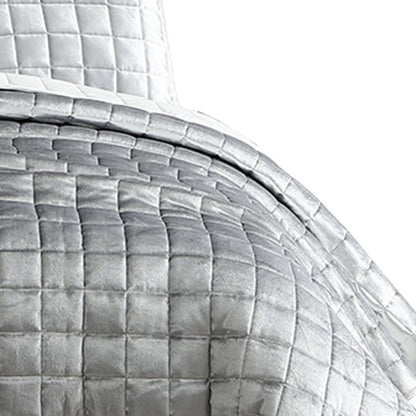 3 Piece King Size Coverlet Set with Stitched Square Pattern, Silver - View 4