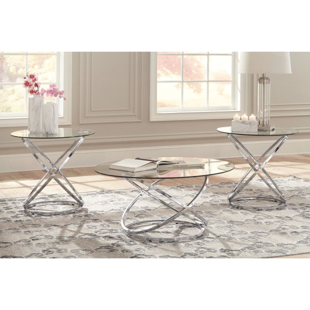 3-Piece Coffee and Side End Table Set | Round Glass Tops with Swirl Chrome Steel Bases | Silver - View 3