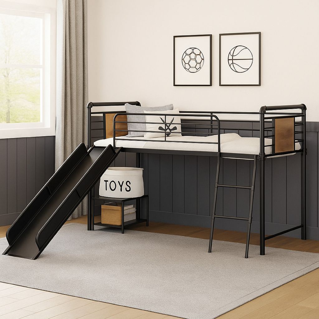 Twin Loft Bed with Tubular Metal Frame and Slide, Dark Bronze - View 7