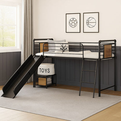 Twin Loft Bed with Tubular Metal Frame and Slide, Dark Bronze - View 7