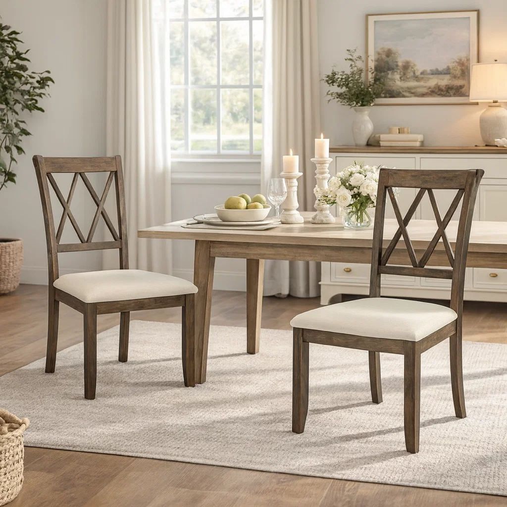 Wood Dining Chair, Double X Backrest, Set of 2, Beige, Brown - View 7