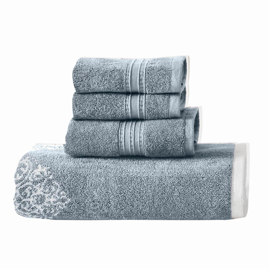 Eula Modern 6 Piece Cotton Towel Set, Stylish Damask Pattern, Slate Blue - View 2