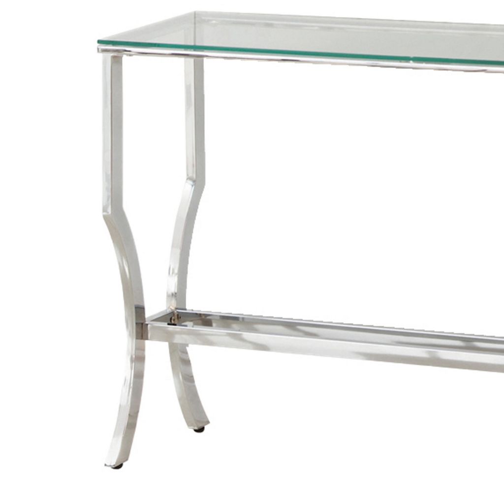 Glass Top Sofa Table with Metal Frame and Mirror Shelf, Chrome - View 4