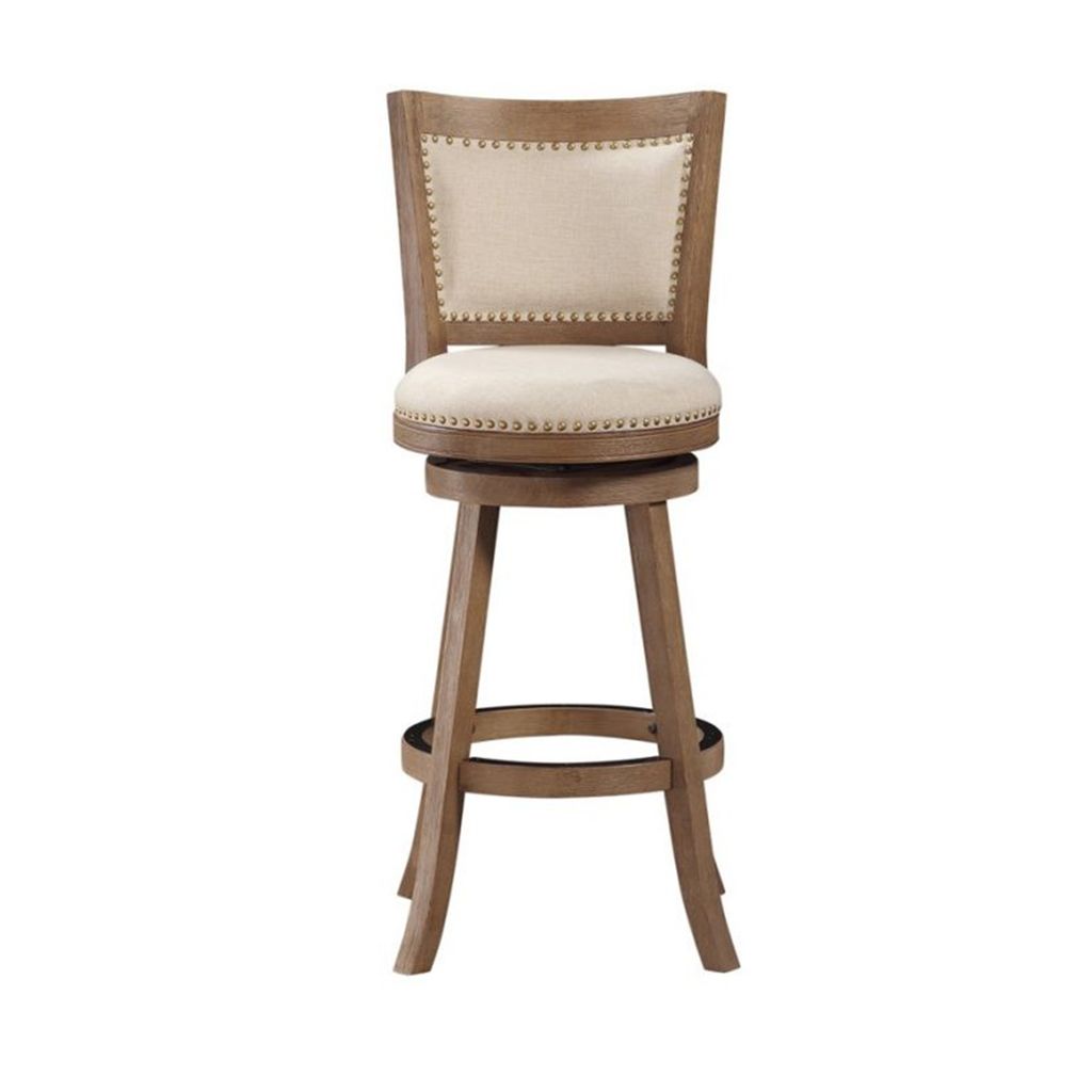 Nailhead Trim Round Barstool with Padded seat and Back, Brown and Beige