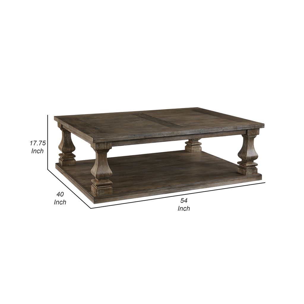 Classic 54 Inch Coffee Table, Baluster Legs, Spacious Top, Weathered Gray - View 5