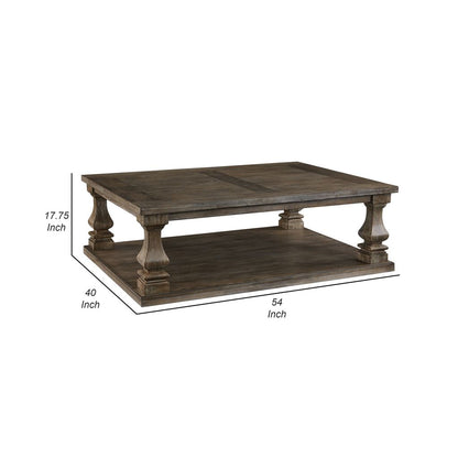 Classic 54 Inch Coffee Table, Baluster Legs, Spacious Top, Weathered Gray - View 5