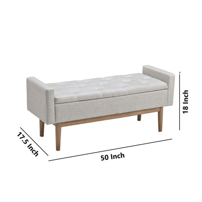 Tufted Fabric Storage Bench with Low Profile Elevated Arms, Light Gray - View 5