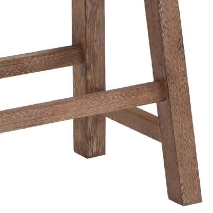 33 Inch Saddle Seat Bench with Angled Frame, Sandblasted Antique Brown Acacia Wood - View 6