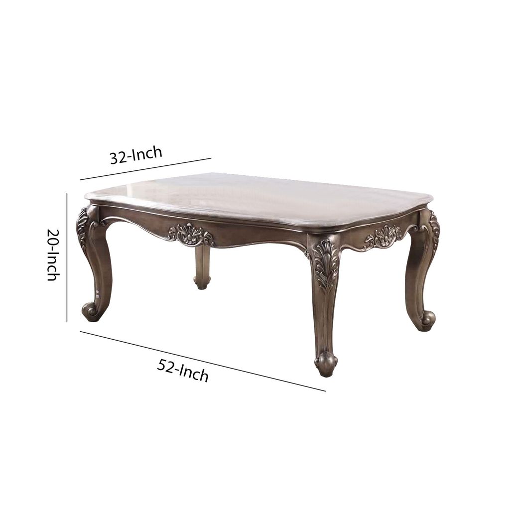 Faux Marble Top Engraved Wooden Frame Coffee Table, Off White and Gold - View 5