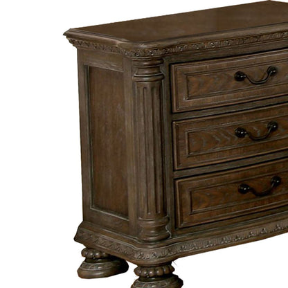 Wooden Nightstand with 3 Drawers and Intricate Carving Details, Brown - View 3