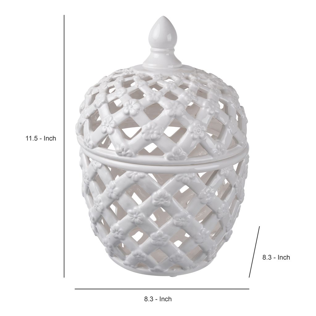 Decorative Ceramic Lidded Jar with Cut Out Texture, Large, White - View 4