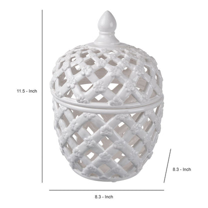 Decorative Ceramic Lidded Jar with Cut Out Texture, Large, White - View 4