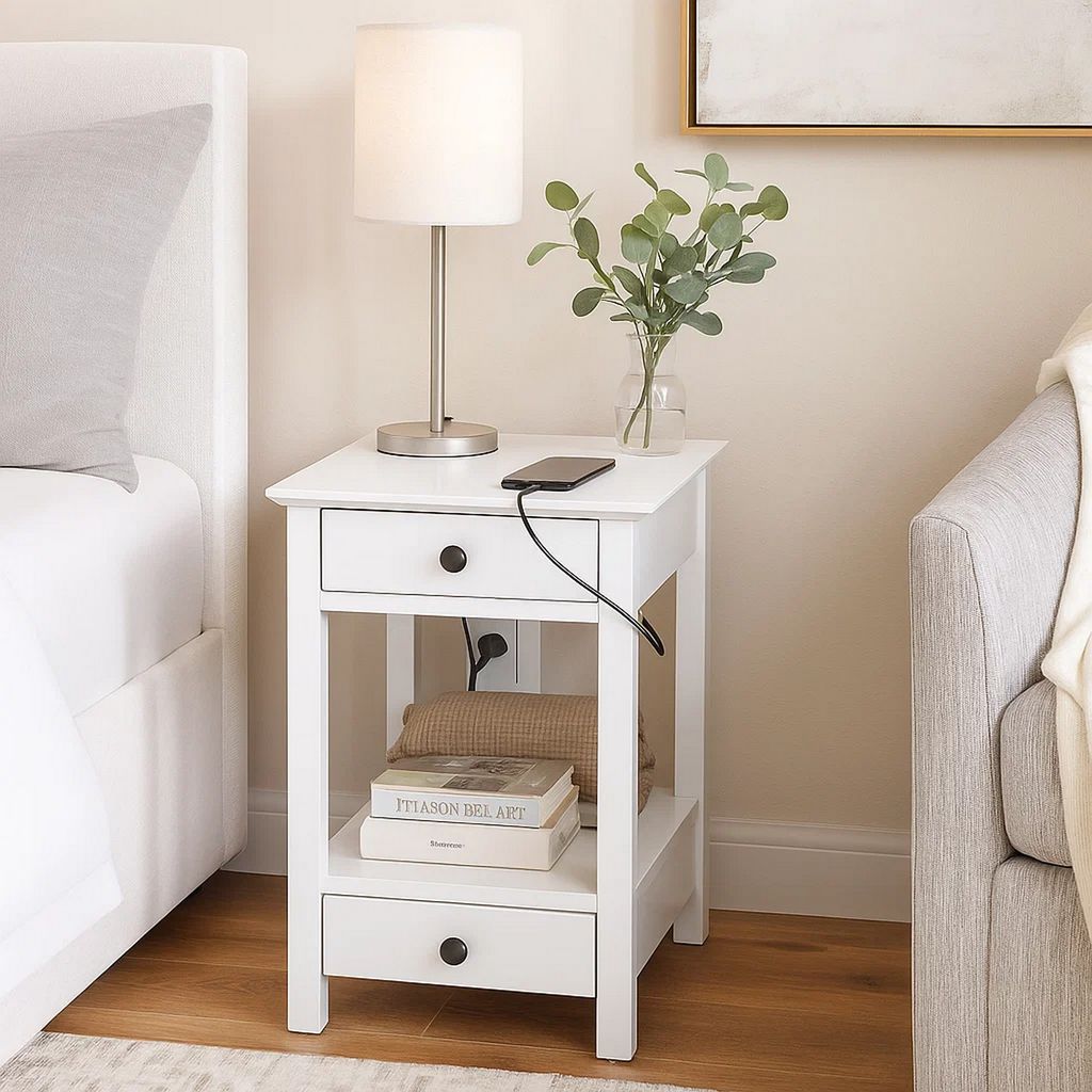 Wooden Frame Side Table with 2 Drawers and 1 Bottom Shelf, White - View 7