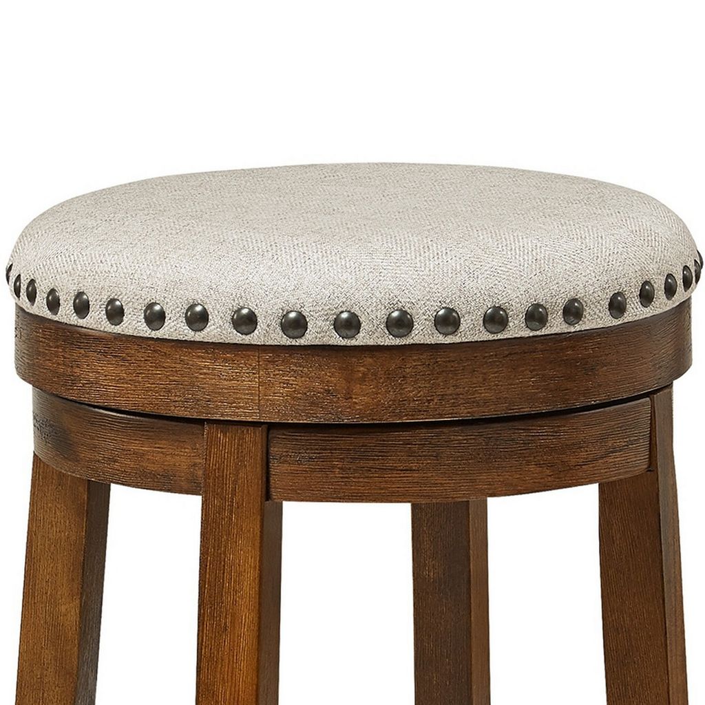 Zane 24 Inch Backless Swivel Counter Stool, Round Beige Seat, Brown Wood - View 3