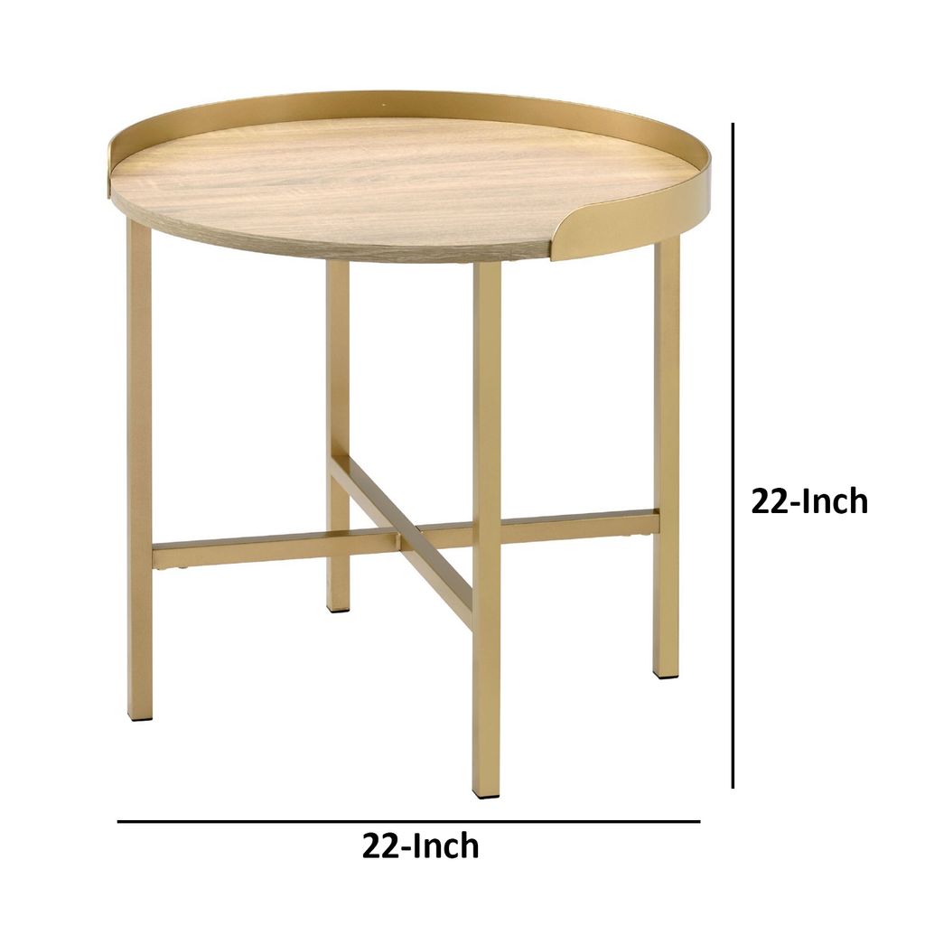 Kai 22 Inch Wood End Table, Round Tray Top, Metal Accent, Brown, Brass - View 6