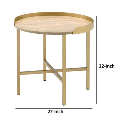 Kai 22 Inch Wood End Table, Round Tray Top, Metal Accent, Brown, Brass - View 6