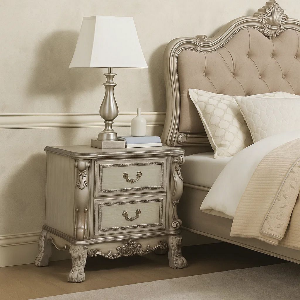 Traditional Wooden Nightstand with 2 Drawers and Carved Details, Silver - View 7