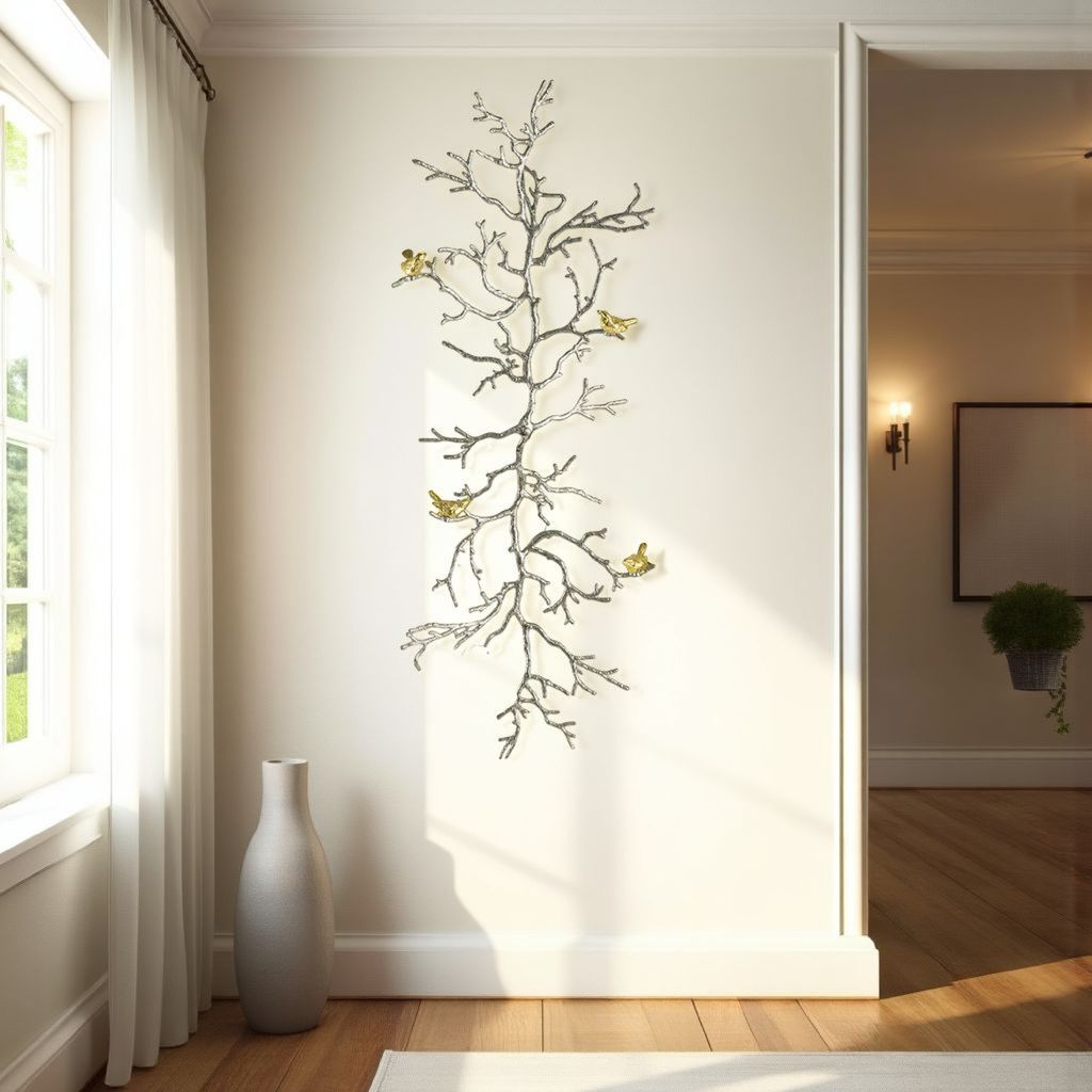 Branch Shape Aluminum Wall Decor with Gold Accented Four Birds, Silver - View 7