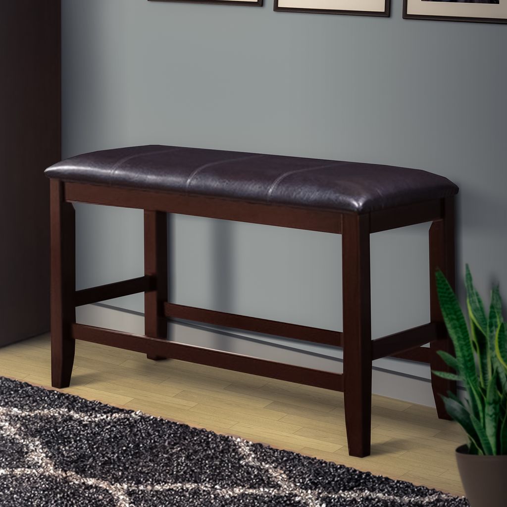 Wooden Counter Height Bench with Leatherette Seat, Brown and Black - View 6