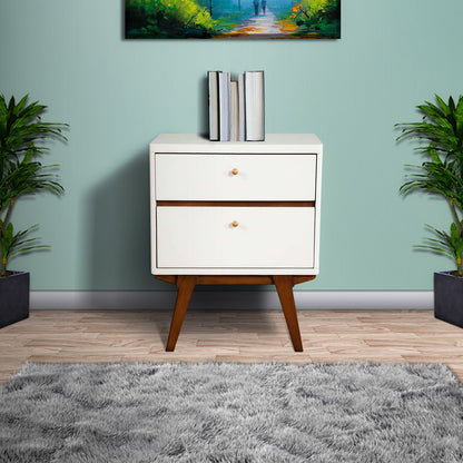 2 Drawer Wooden Nightstand with Angled Legs, White and Brown - View 6