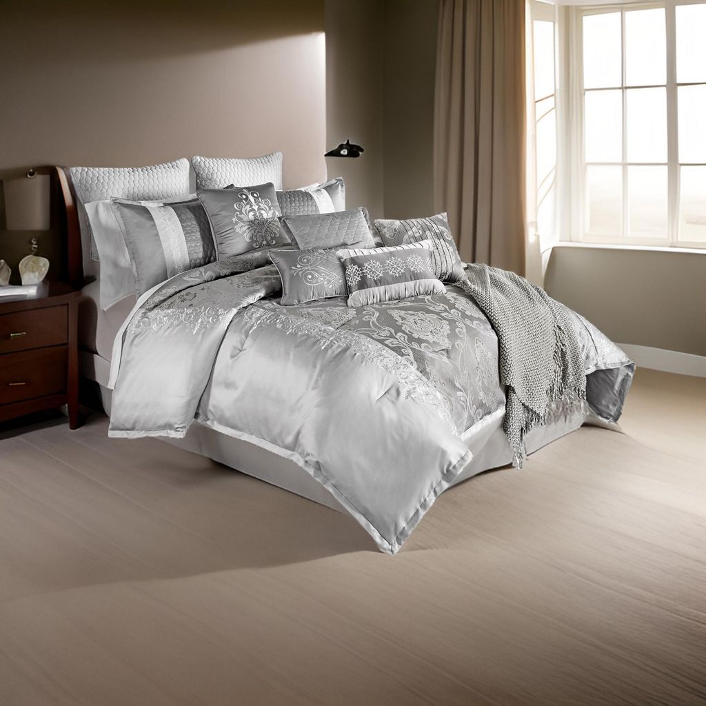12 Piece King Polyester Comforter Set with Medallion Print, Platinum Gray - View 7