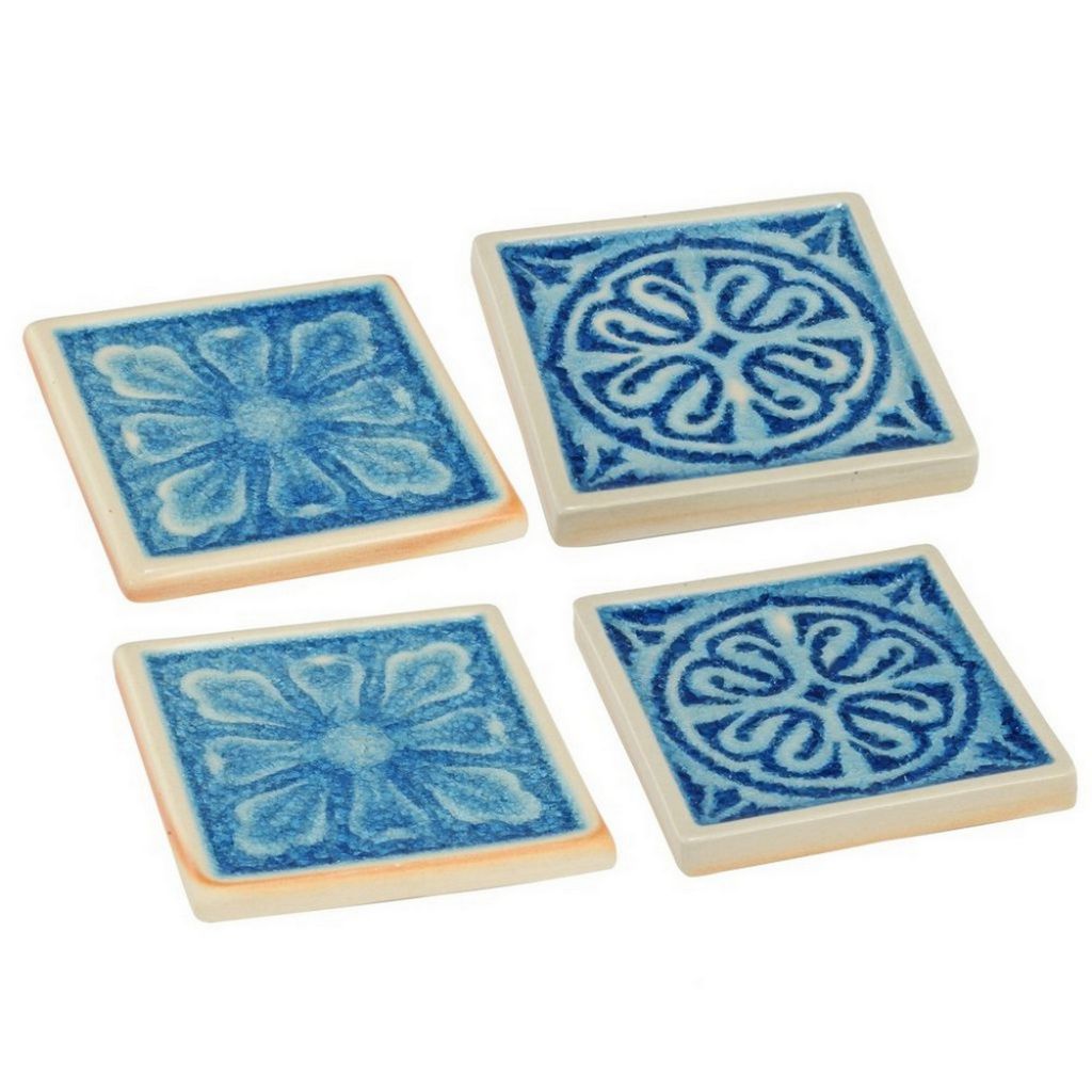 Square Shaped Ceramic Coaster with Intricate Detail, Blue and Cream, Set of Four - View 3