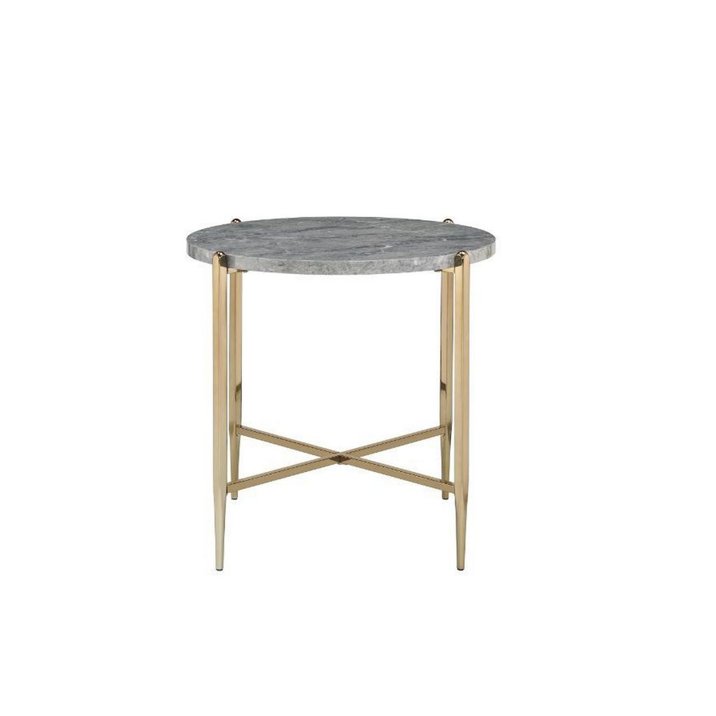 End Table with Oval Marble Top and X Shaped Support, Gray and Gold - View 3