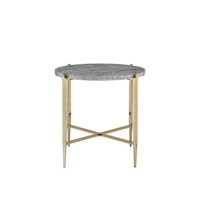 End Table with Oval Marble Top and X Shaped Support, Gray and Gold - View 3