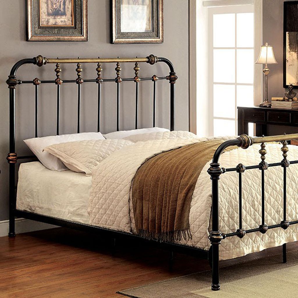 Curved Headboard Metal Full Size Bed with Spindles, Black and Gold - View 2