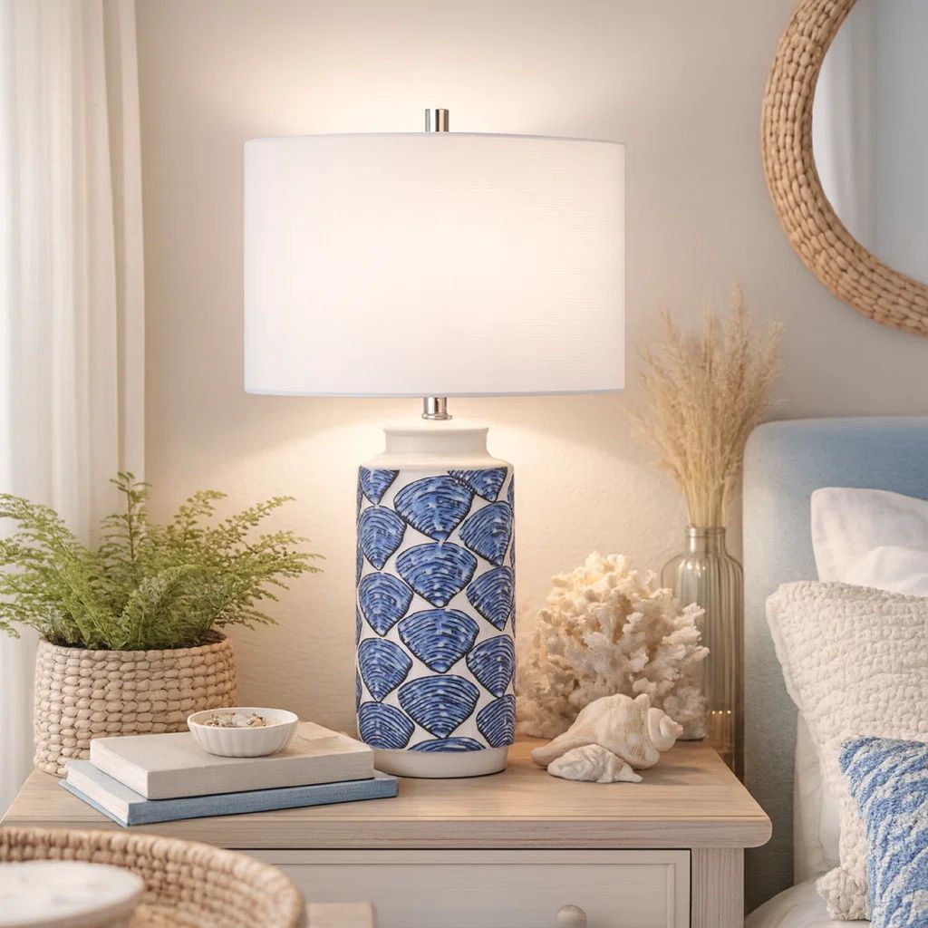 27 Inch Coastal Ceramic Table Lamp, Dimmer, Sea Shells, Blue - View 7